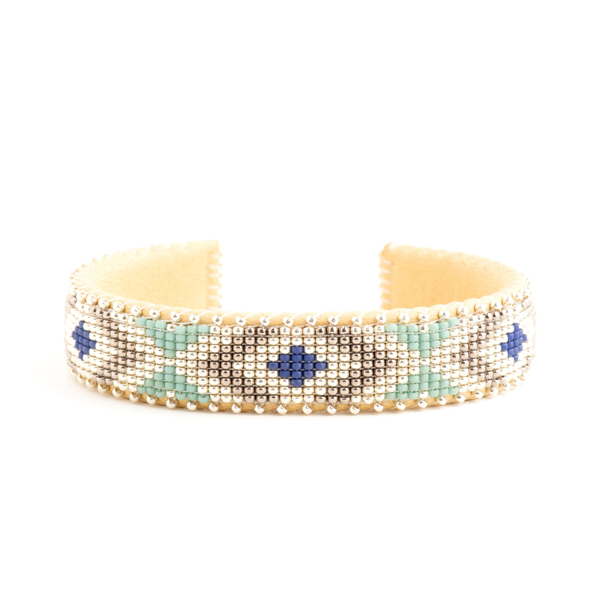 A beaded bracelet with gold, blue, and green colors, handcrafted in a geometric pattern.