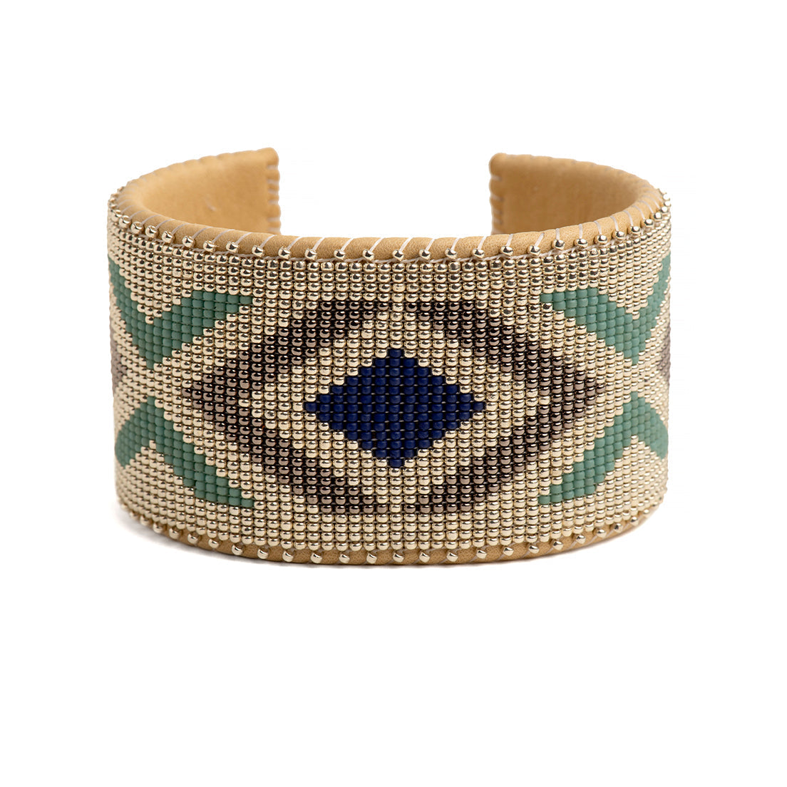 A beaded bracelet with geometric patterns in beige, blue, and green colors.
