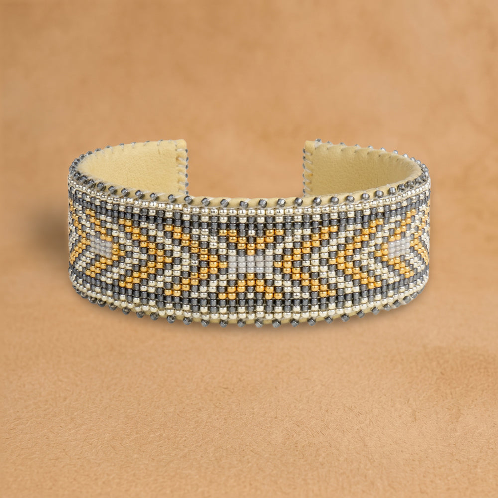 Andrea Large beaded cuff, silver, grey and gold chevrons, handloomed by Navajo artisans in New Mexico