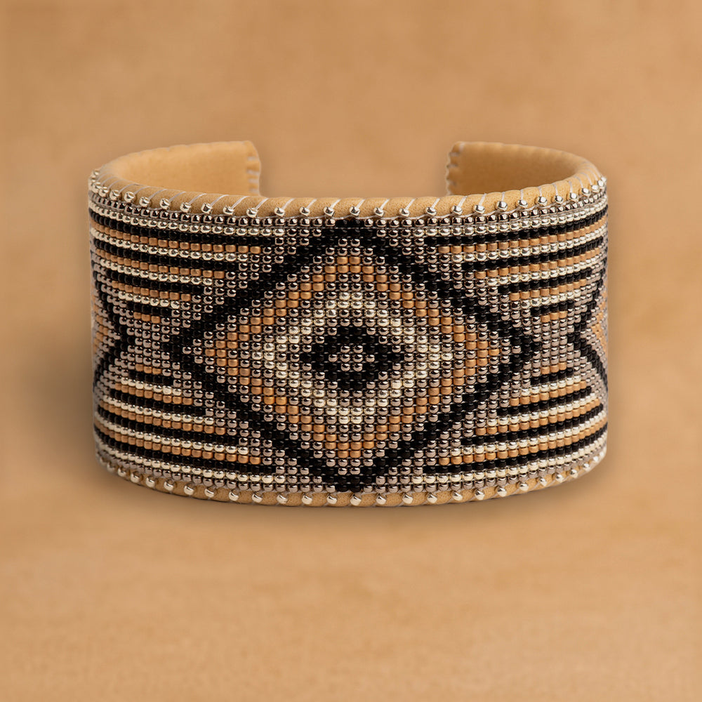 Astrid X Large beaded cuff, black, tan and silver concentric diamond with banded stripes, handloomed by Navajo artisans in New Mexico
