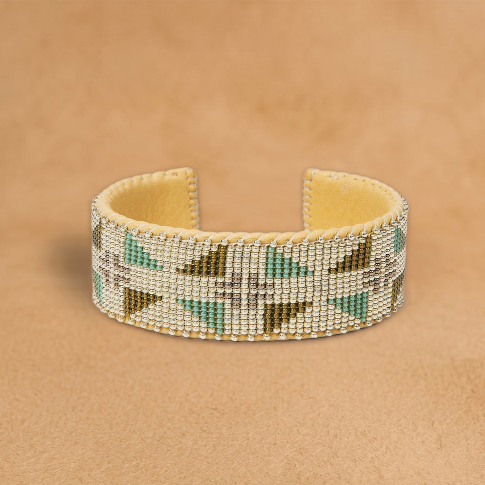 Aurora Large beaded cuff, silver beads with mint green and olive triangles, handloomed by Navajo artisans in New Mexico