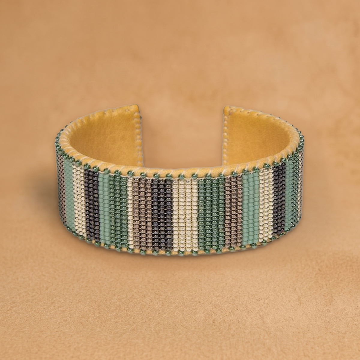Avani Large beaded cuff, vertical stripes in sage green, grey, cream and charcoal, handloomed by Navajo artisans in New Mexico