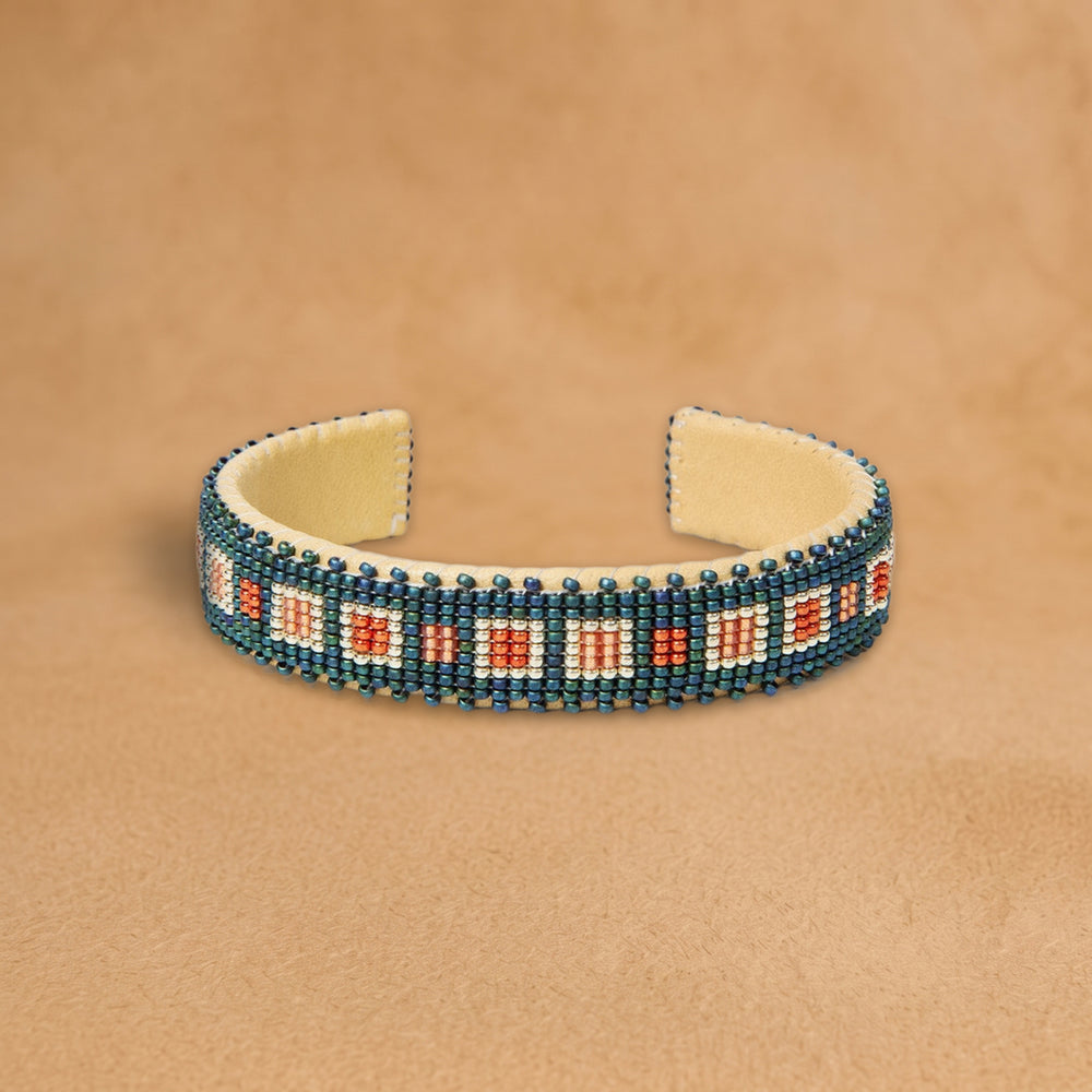 Cornflower Small beaded cuff, teal blue with coral and white squares, handloomed by Navajo artisans in New Mexico