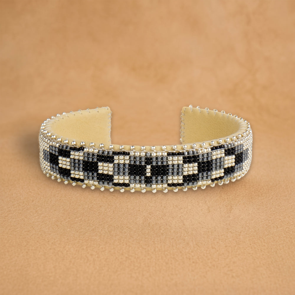 Dakota Small beaded cuff, white, black and grey diamond pattern, handloomed by Navajo artisans in New Mexico