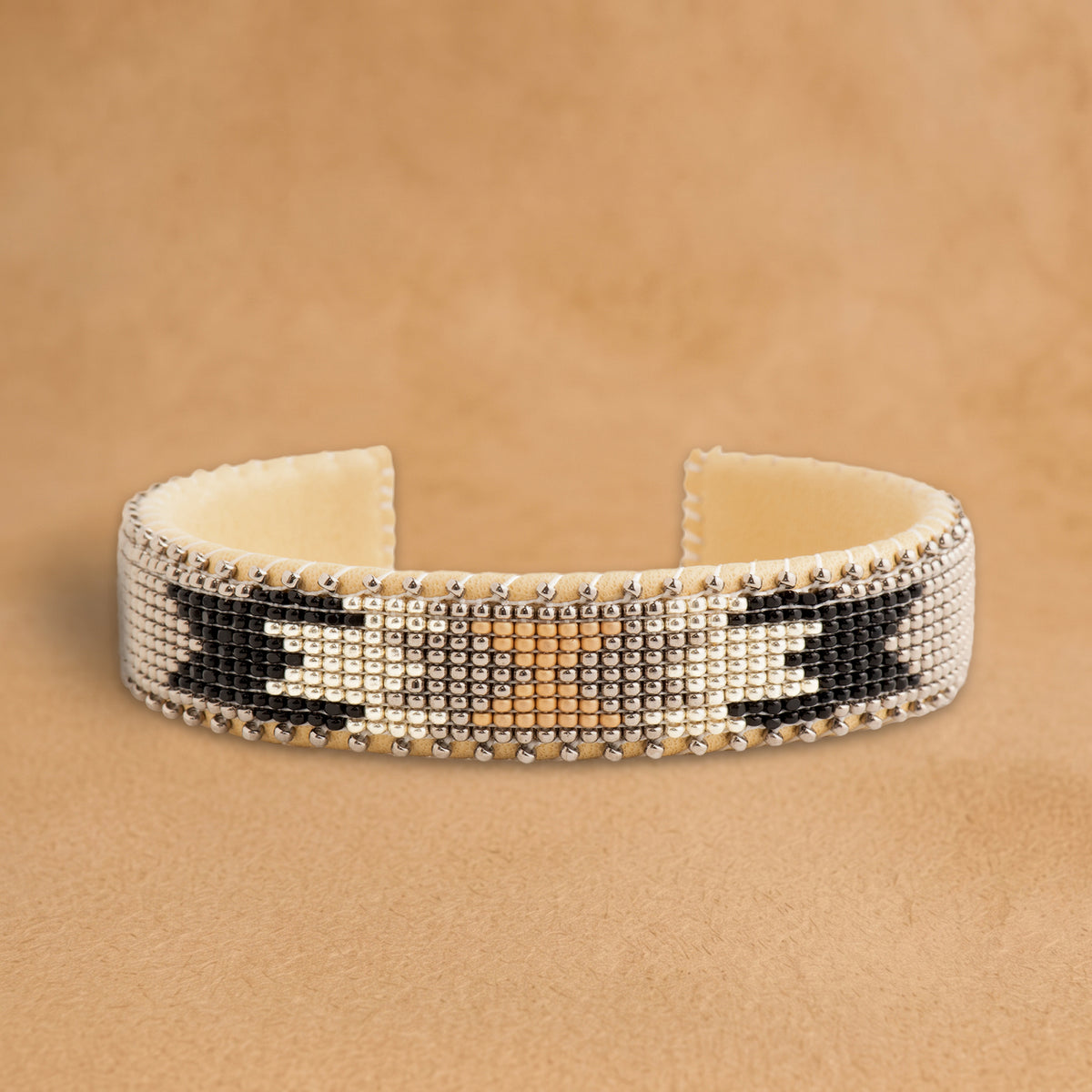 Dawn Small beaded cuff, white, black and tan arrow pattern, handloomed by Navajo artisans in New Mexico