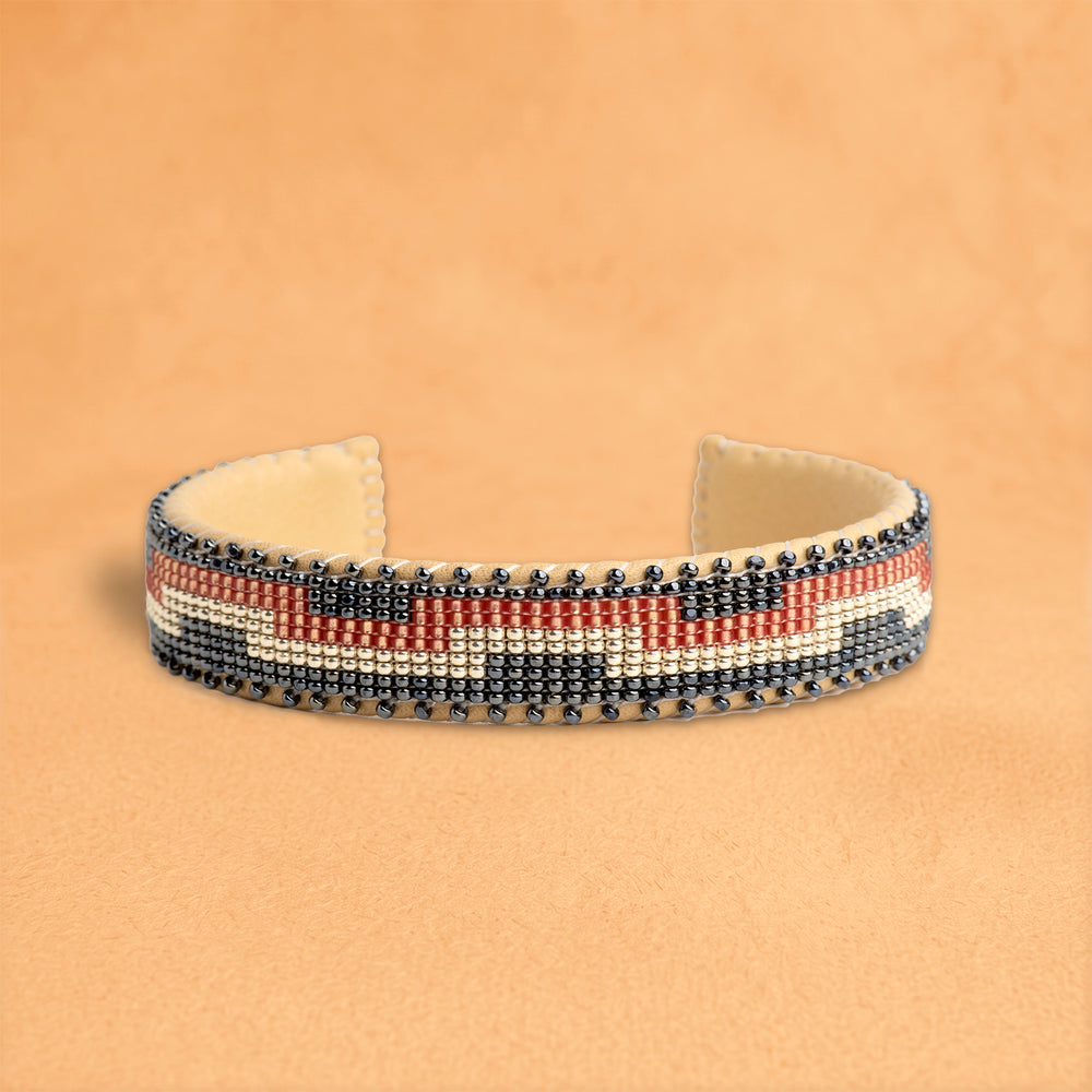 Destiny Small beaded cuff, charcoal, silver and terracotta stepped pattern, handloomed by Navajo artisans in New Mexico