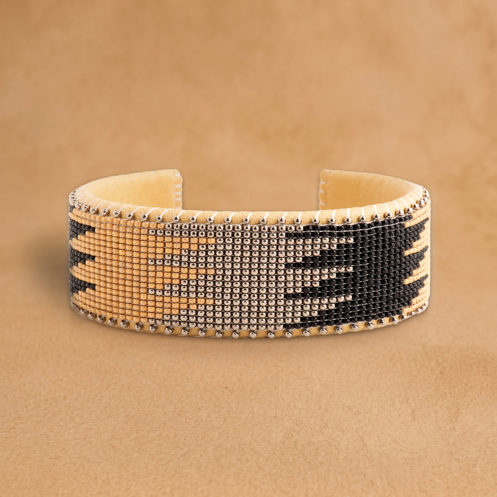 Drew Nickel Large beaded cuff, peach, silver and black flame pattern, handloomed by Navajo artisans in New Mexico