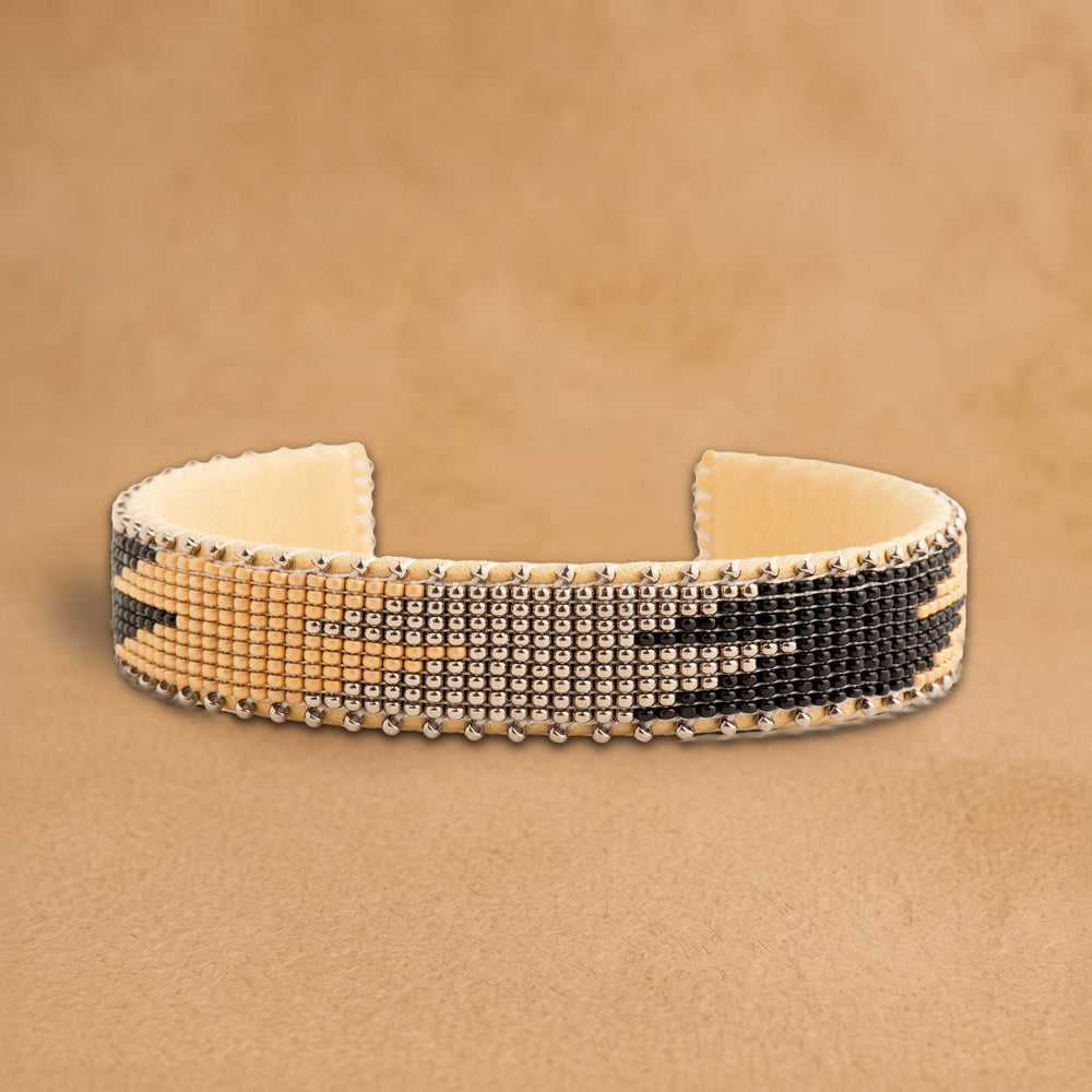 Drew Nickel Small beaded cuff, peach, silver and black flame pattern, handloomed by Navajo artisans in New Mexico