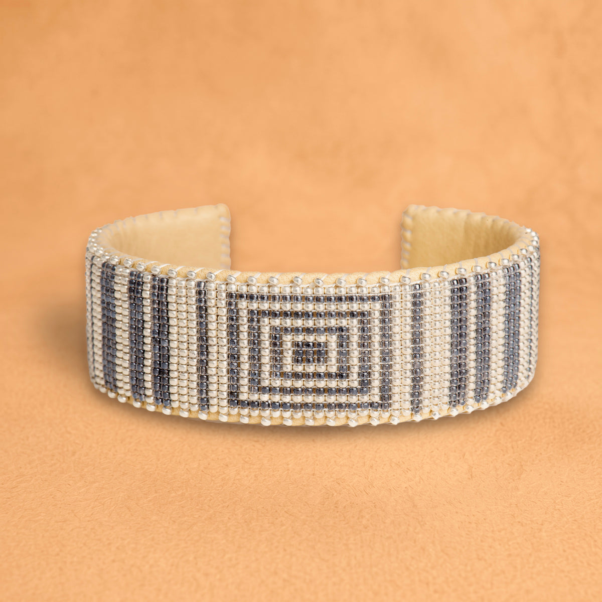 Esme Grey Large beaded cuff, white with charcoal concentric squares and stripes, handloomed by Navajo artisans in New Mexico
