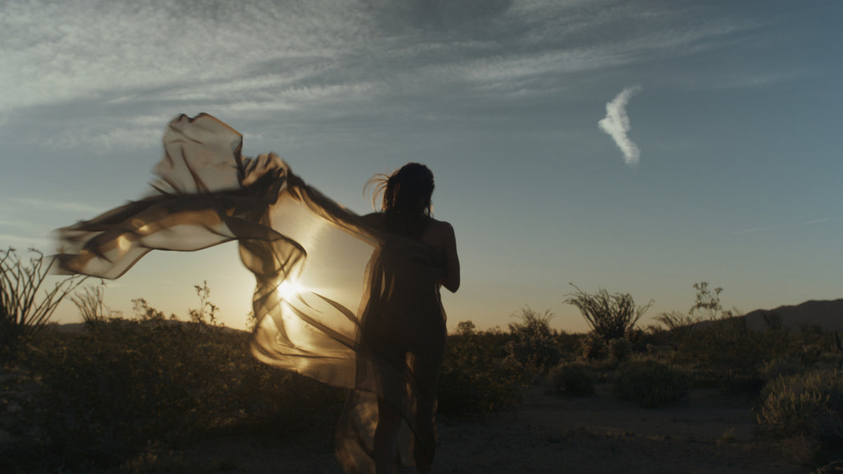 Desert sunrise, cloth catching the low warm light across the high desert