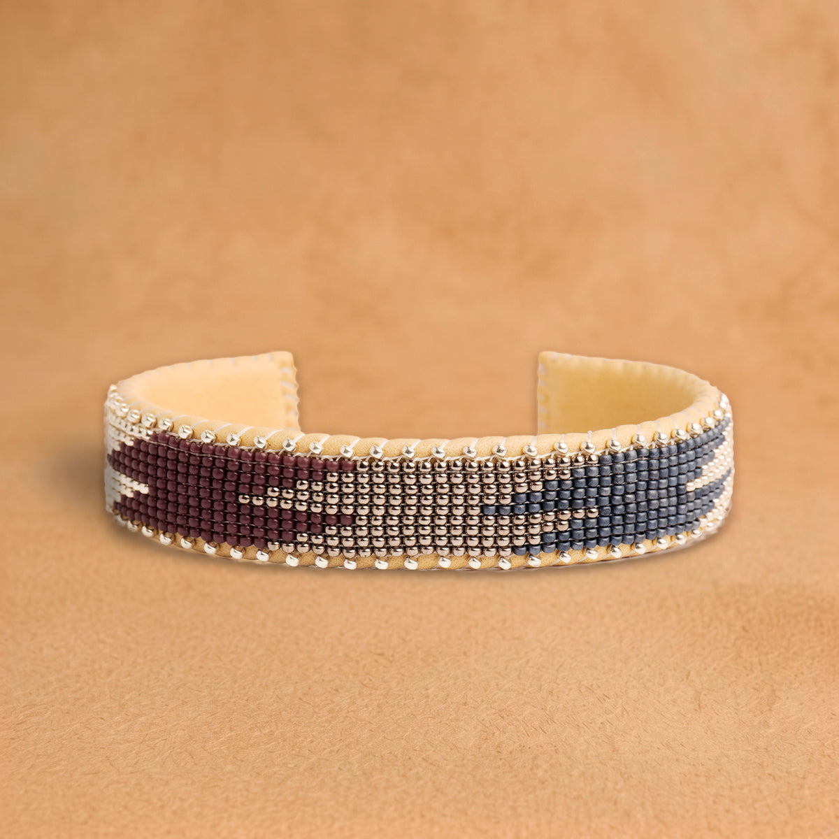Garnet Small beaded cuff, slate blue, silver and burgundy flame pattern, handloomed by Navajo artisans in New Mexico