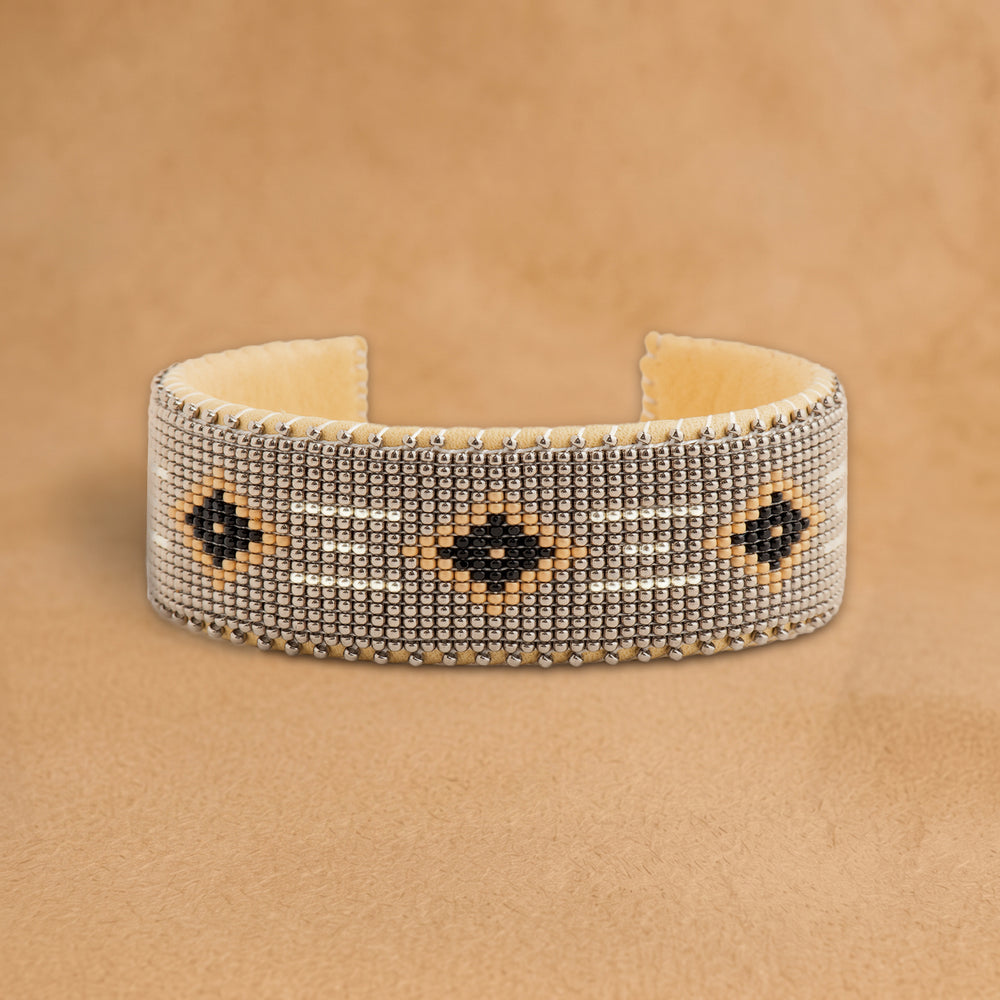 Harmony Large beaded cuff, silver with black diamonds outlined in peach, handloomed by Navajo artisans in New Mexico