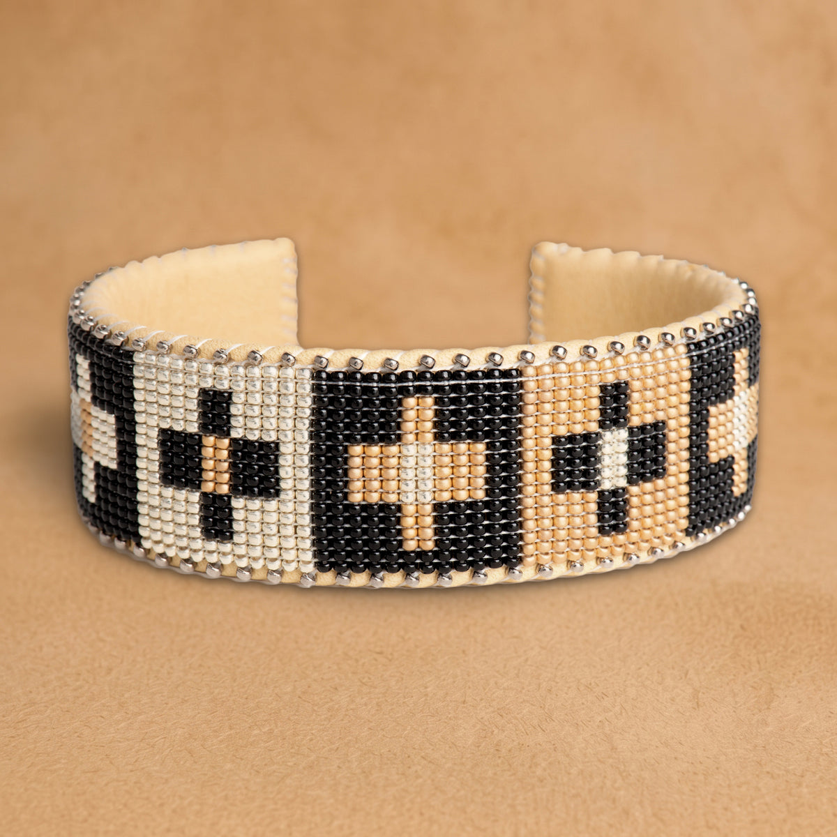 Hope Large beaded cuff, black, white and peach blocks with crosses, handloomed by Navajo artisans in New Mexico