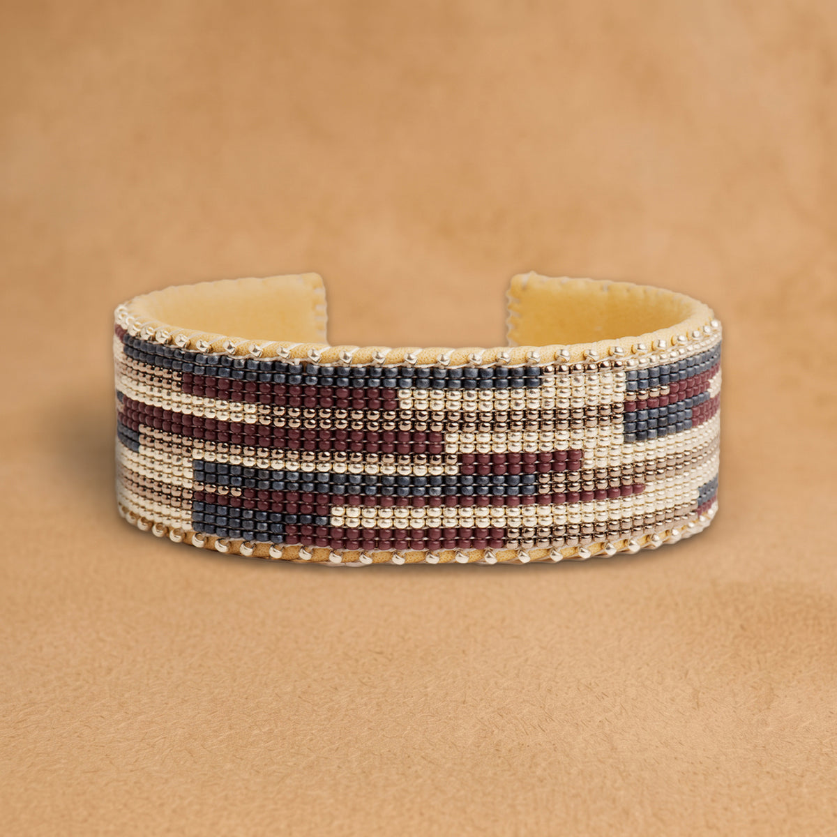 Hyacinth Large beaded cuff, cream with burgundy, slate blue and silver stepped bars, handloomed by Navajo artisans in New Mexico