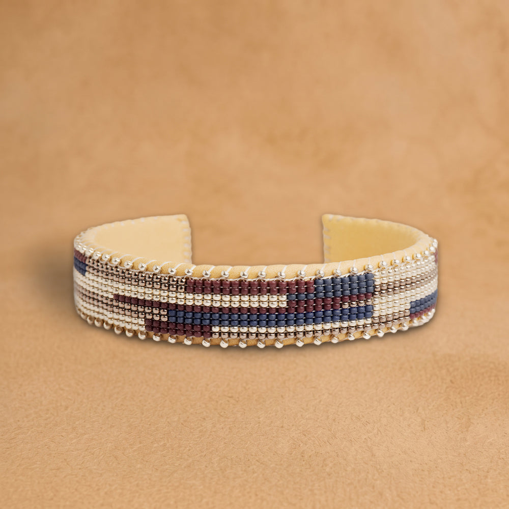 Hyacinth Small beaded cuff, cream with burgundy, slate blue and silver stepped bars, handloomed by Navajo artisans in New Mexico