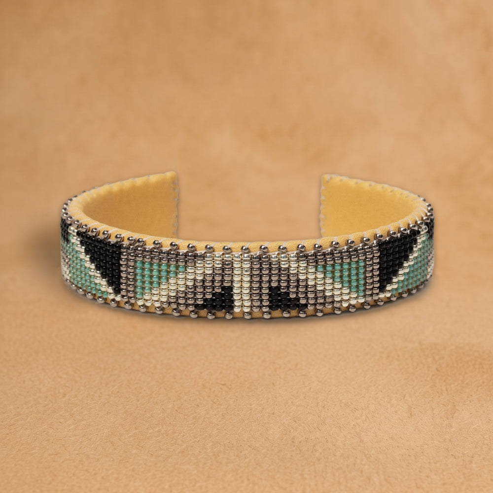 Isabelle Small beaded cuff, grey with mint green and black triangles, handloomed by Navajo artisans in New Mexico