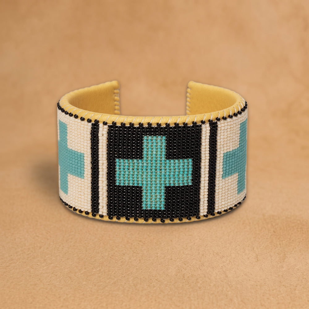 Jaclyn X Large beaded cuff, white and black panels with turquoise crosses, handloomed by Navajo artisans in New Mexico