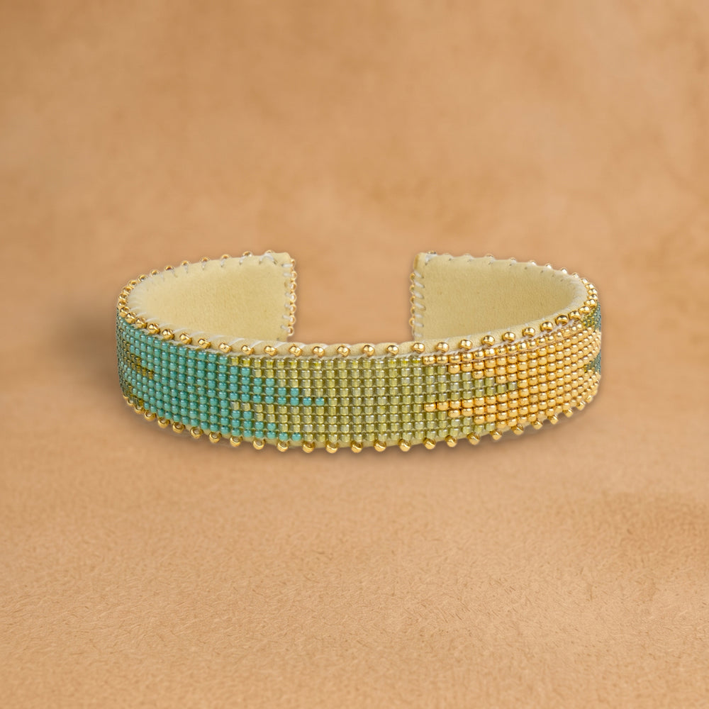 Lacy Small beaded cuff, gold, chartreuse and turquoise flame pattern, handloomed by Navajo artisans in New Mexico
