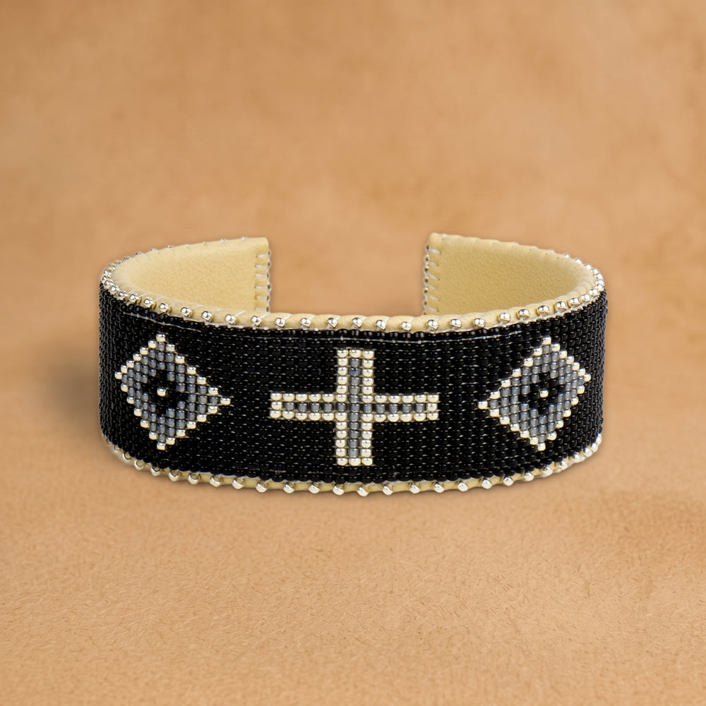 Lolita Large beaded cuff, black with grey diamonds and a silver cross, handloomed by Navajo artisans in New Mexico