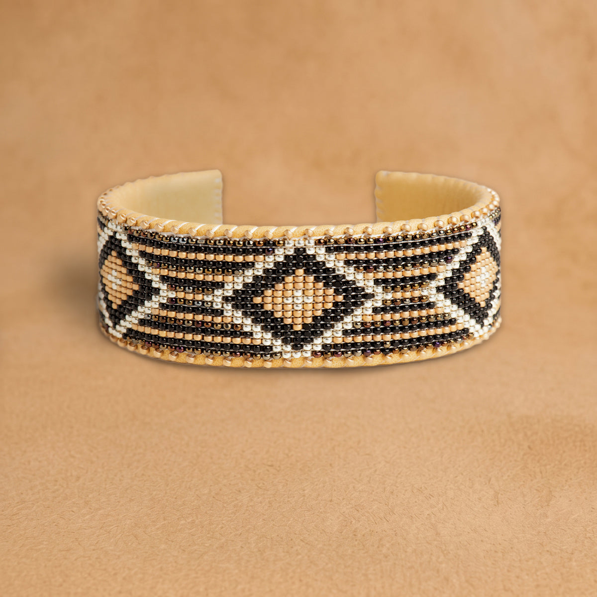 Pilar Large beaded cuff, black, peach and white stripes with diamonds, handloomed by Navajo artisans in New Mexico