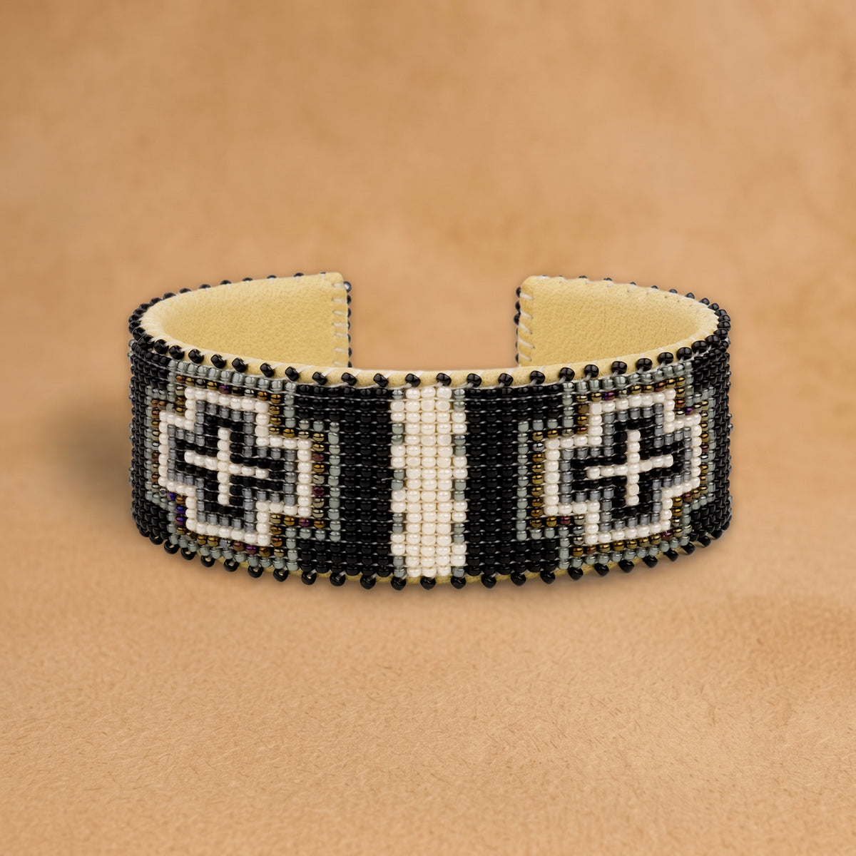 Priscilla Grey Large beaded cuff, black, grey and white stepped cross, handloomed by Navajo artisans in New Mexico