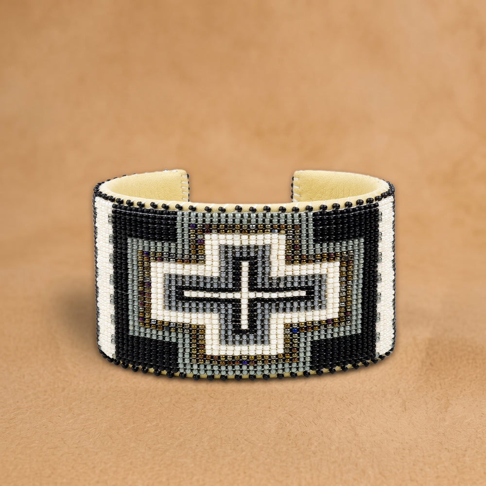 Priscilla Grey X Large beaded cuff, black, grey and white stepped cross, handloomed by Navajo artisans in New Mexico