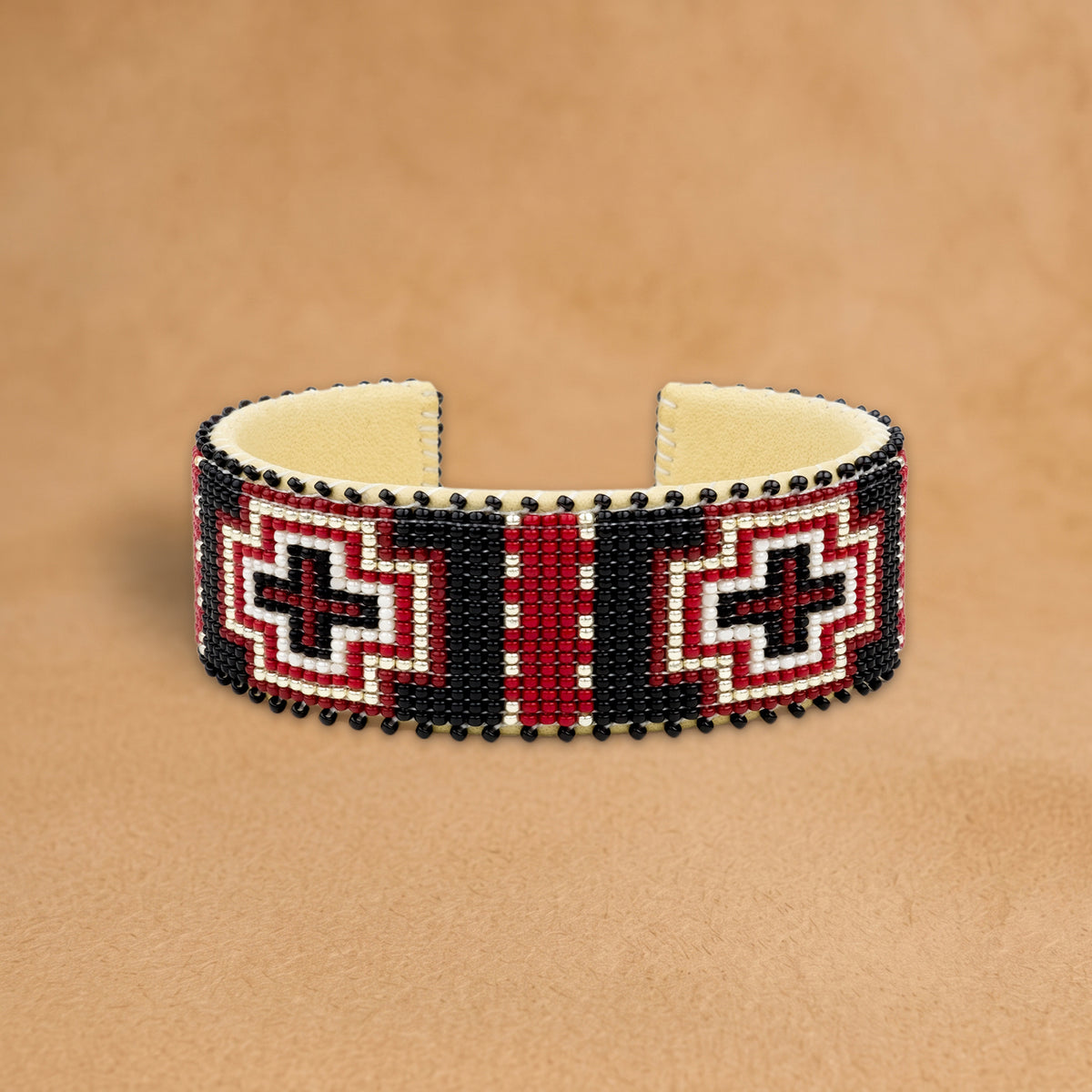Priscilla Large beaded cuff, black, red and white stepped cross, handloomed by Navajo artisans in New Mexico