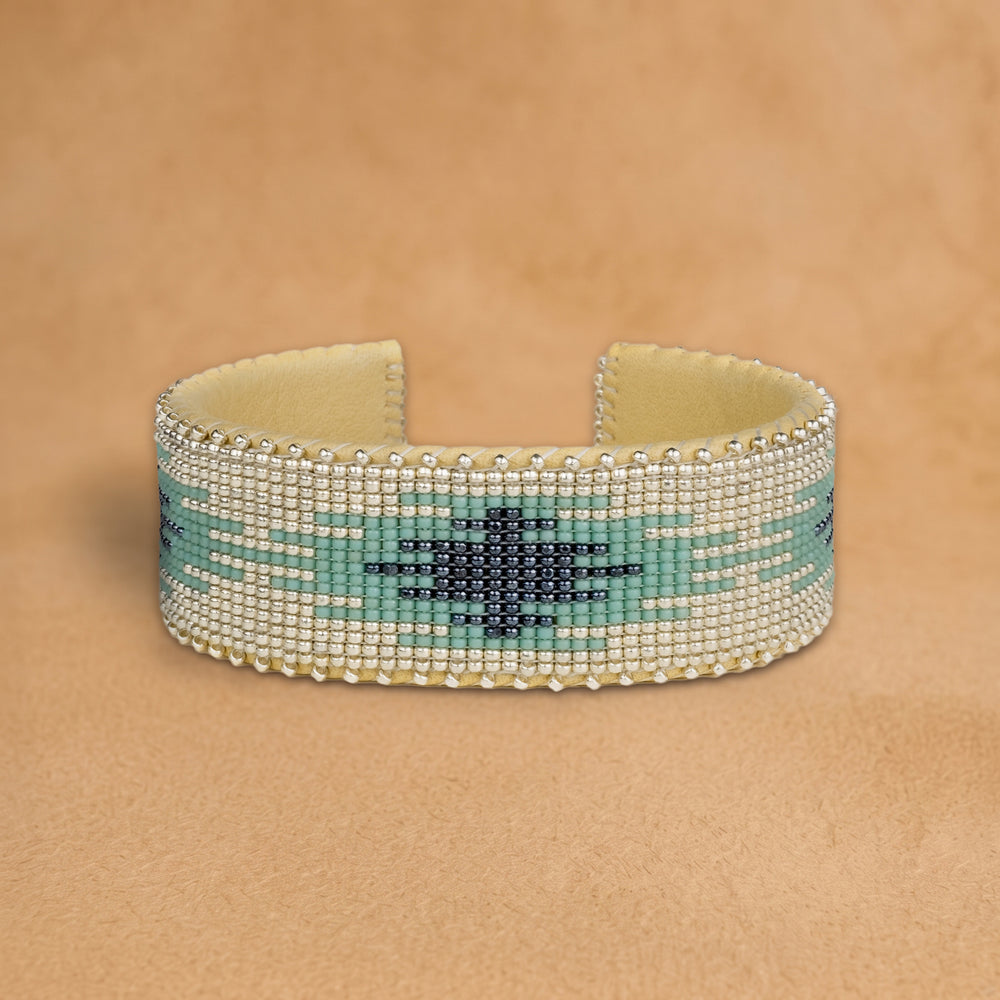 Summer Large beaded cuff, silver with a turquoise and navy arrow, handloomed by Navajo artisans in New Mexico