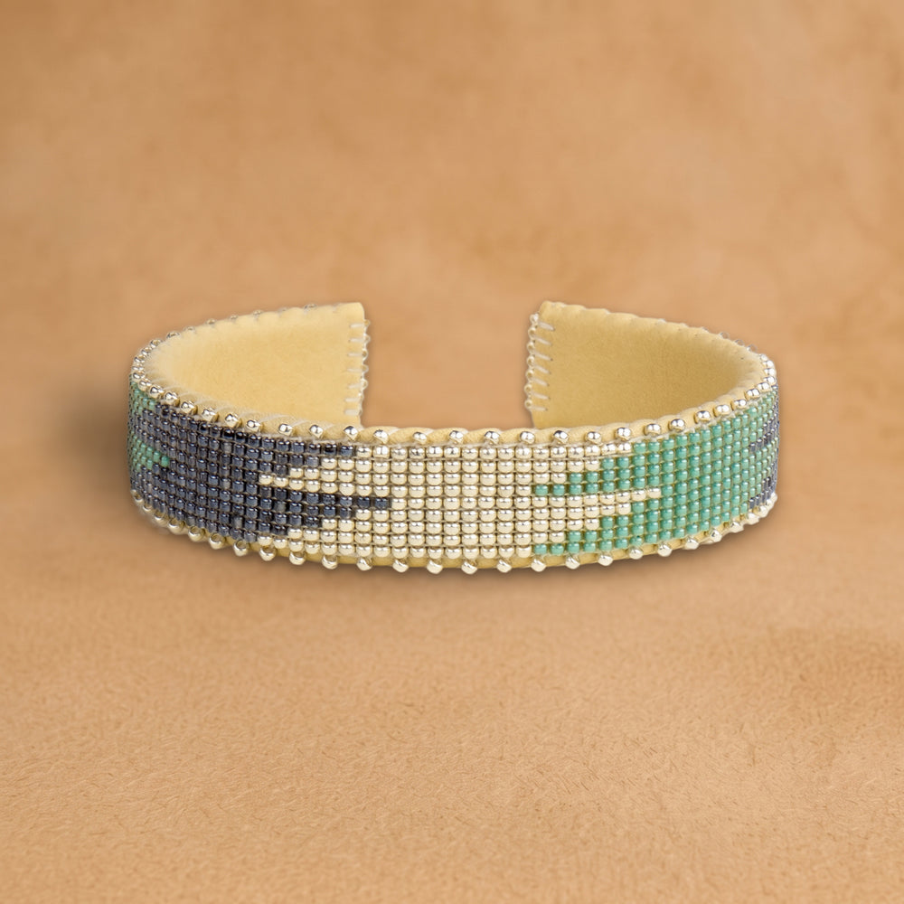 Tess Small beaded cuff, turquoise, silver and slate flame pattern, handloomed by Navajo artisans in New Mexico