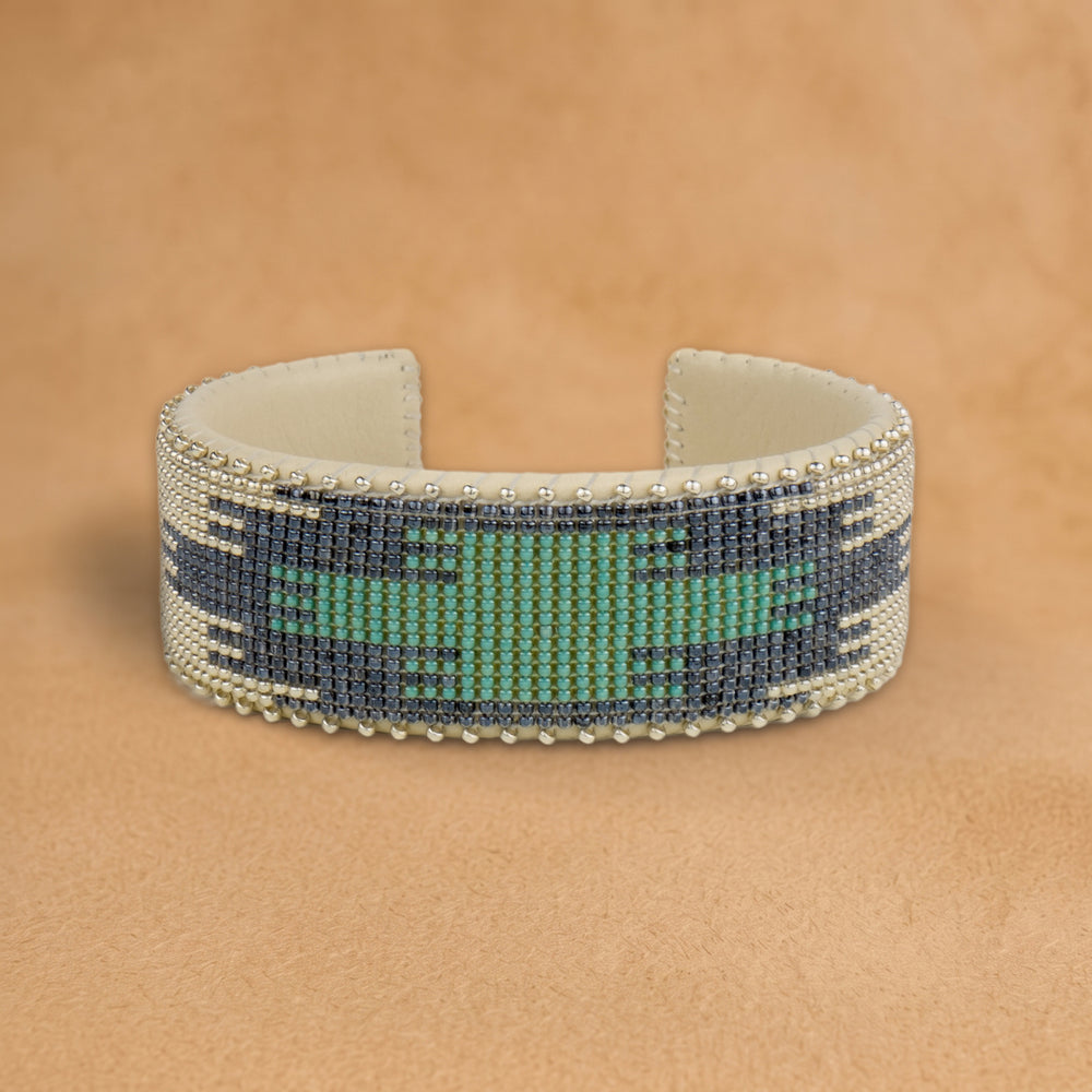 Tierra Large beaded cuff, slate grey and turquoise stepped arrow, handloomed by Navajo artisans in New Mexico