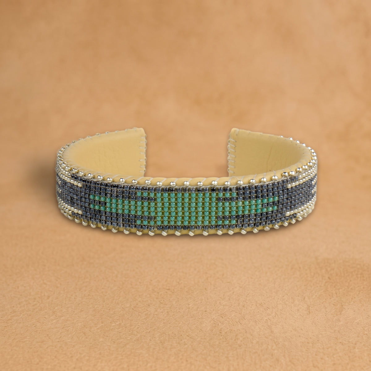 Tierra Small beaded cuff, slate grey and turquoise stepped arrow, handloomed by Navajo artisans in New Mexico