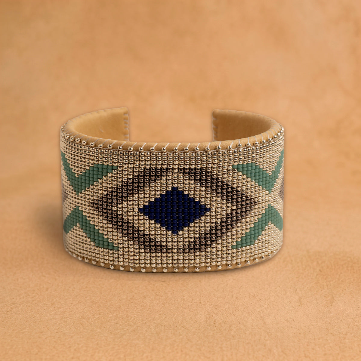 Tó X Large beaded cuff, silver with mint green, taupe and navy diamonds, handloomed by Navajo artisans in New Mexico