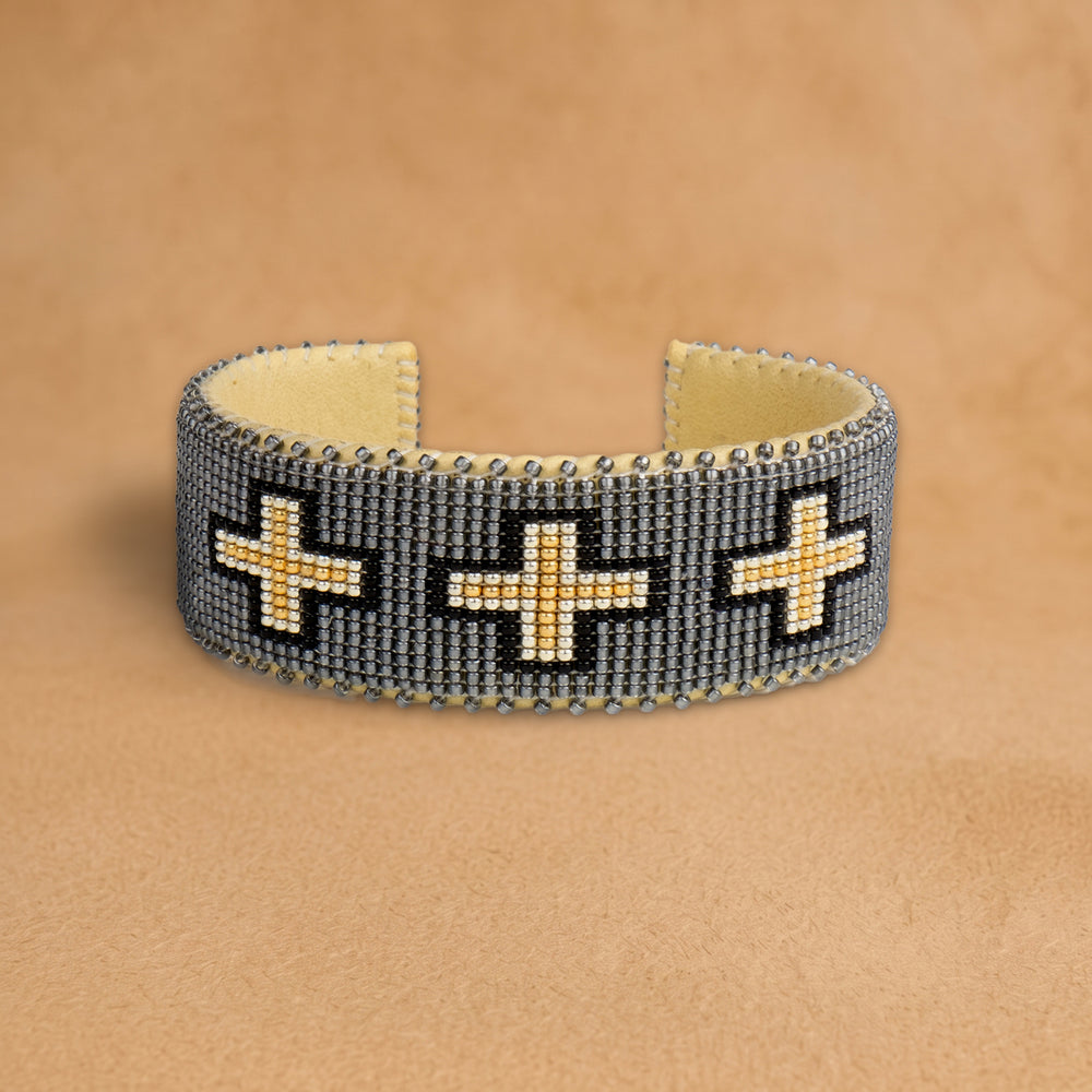 Zara Large beaded cuff, grey with black and gold crosses, handloomed by Navajo artisans in New Mexico
