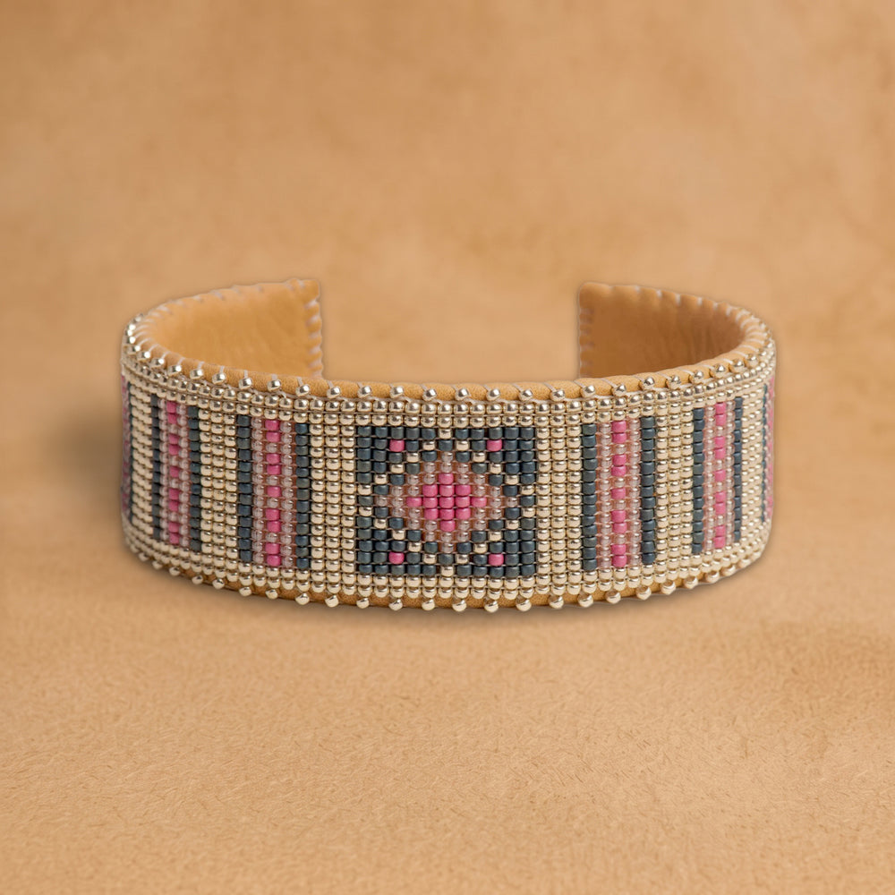 Zuri Large beaded cuff, silver with charcoal and pink stripes and a center diamond, handloomed by Navajo artisans in New Mexico