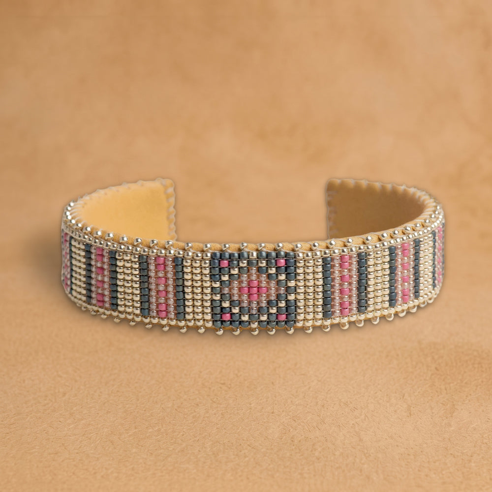 Zuri Medium beaded cuff, silver with charcoal and pink stripes and a center diamond, handloomed by Navajo artisans in New Mexico